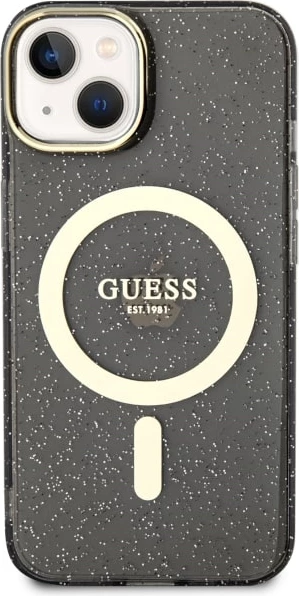 Mbështjellës Guess Glitter Gold MagSafe për iPhone 14, i zi
