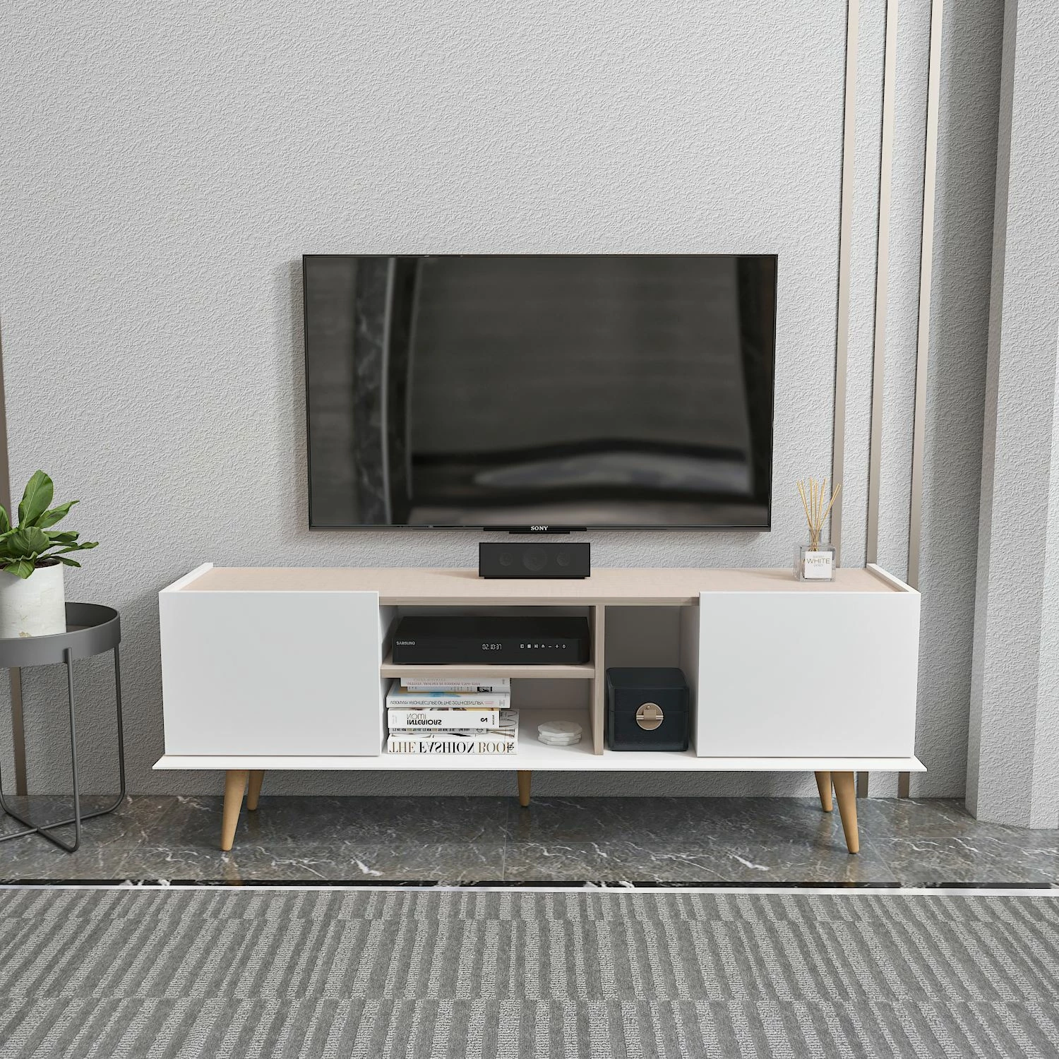 Komodë TV Skye Decor, e bardhë, bezhë, Ekvador