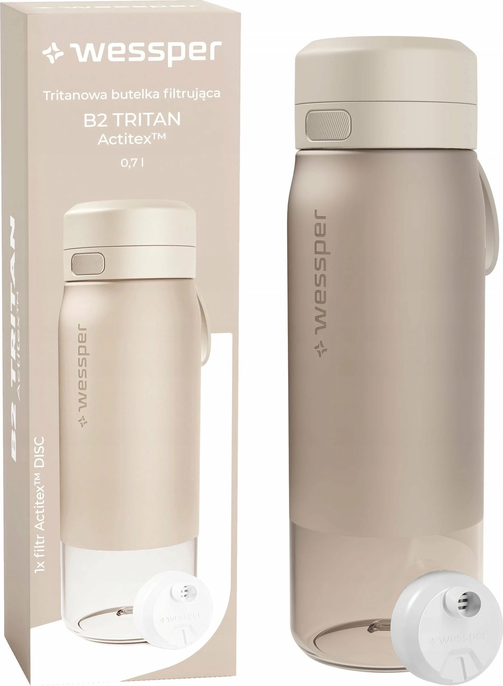 Shishe filtruese uji Wessper B2 TRITAN Actitex 700ml Bezhë, set me 1 filtër