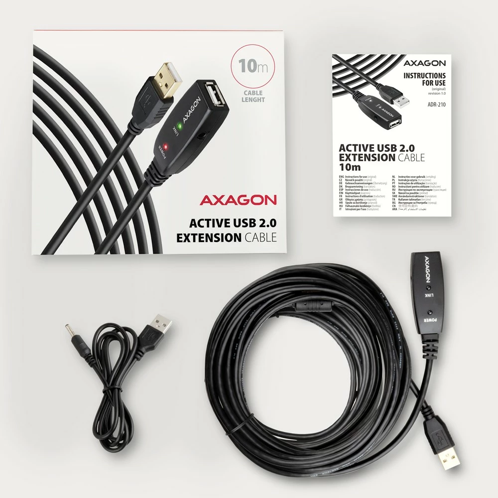 Kabllo zgjatues aktiv USB 2.0 AXAGON ADR-210, 10m, e zezë