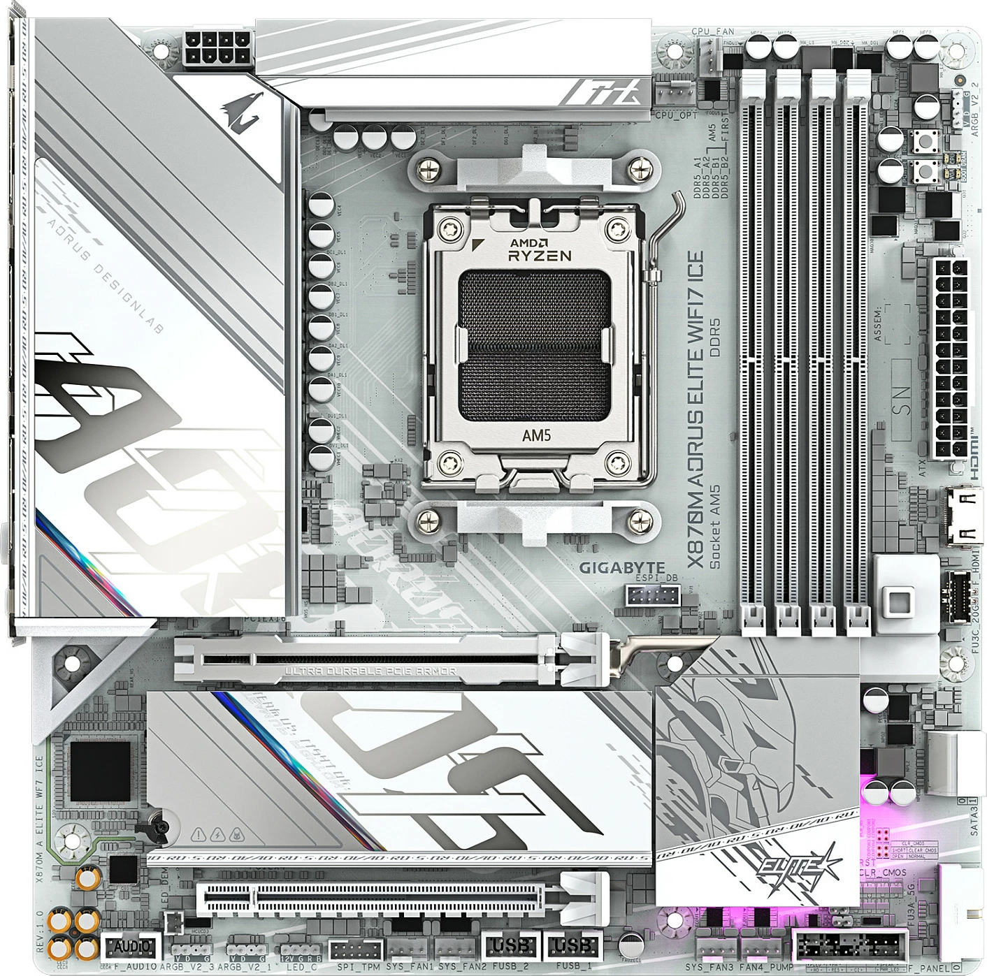 Pllakë amë Gigabyte X870M AORUS Elite WiFi7 ICE, Socket AM5, micro ATX, DDR5, PCIe 5.0, e bardhë