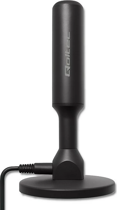 Antenë TV DVB-T2 e brendshme, Qoltec 57052, përforcues sinjali, fitim 28 dBi, VHF/UHF, 4K, kabllo 5 m, F-Male/USB, e zezë