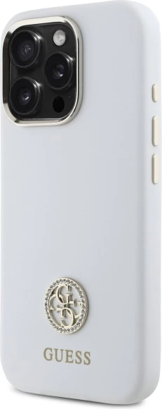 Mbështjellës Guess Silicone Logo Strass 4G për iPhone 16 Pro Max, Bardhë