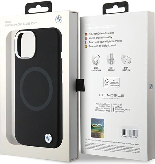 Mbështjellës BMW Signature Liquid Silicone MagSafe për iPhone 15 Plus/14 Plus, i zi