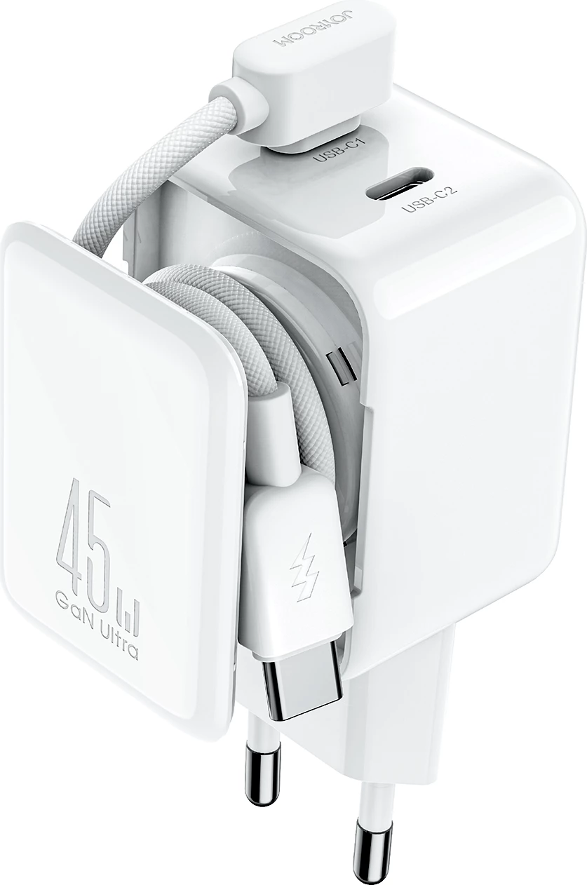 Karikues muri Joyroom JR-TCL05, 45W GaN, 2x USB-C, me organizues kablloje, i bardhë, me kabllo USB-C 1.2m