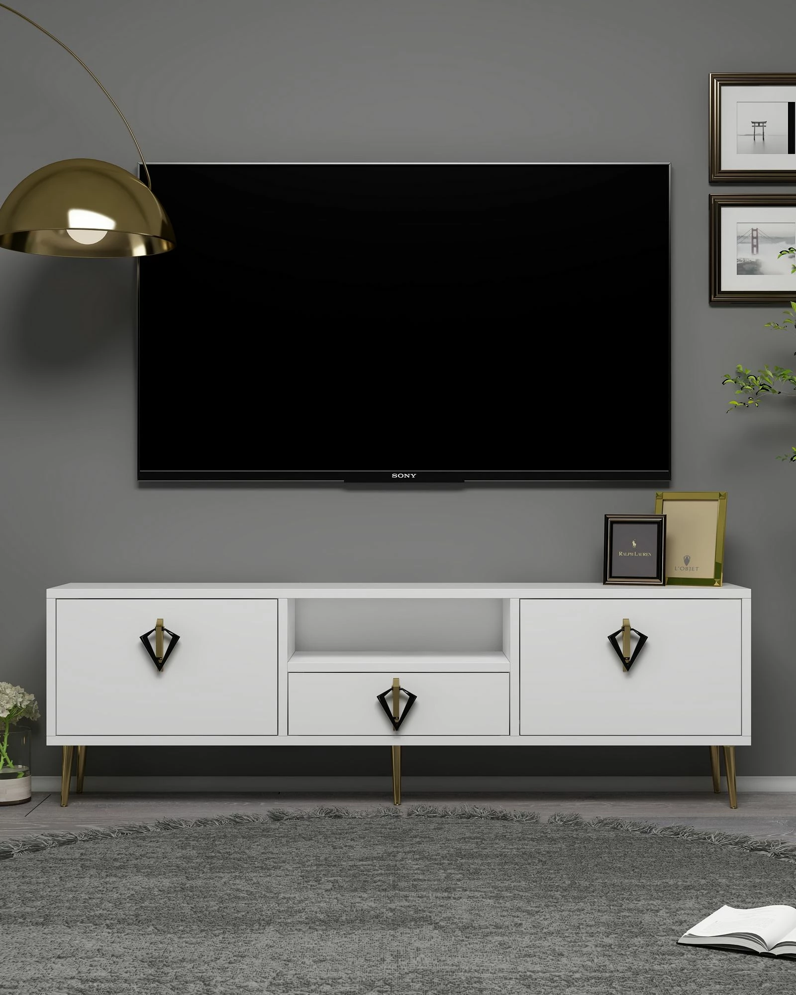 Komodë TV Skye Decor, e bardhë, e zezë, ari, 1312-DROP-32