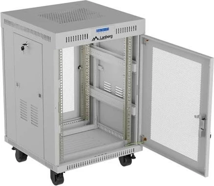 Kabinet rack LANBERG 19" 15U 600x800, derë e perforuar, me rrota, gri