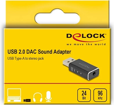 Adapter audio USB DAC DeLOCK 68001, USB-A në 3.5mm 4-pin, 24-bit/96kHz, i zi