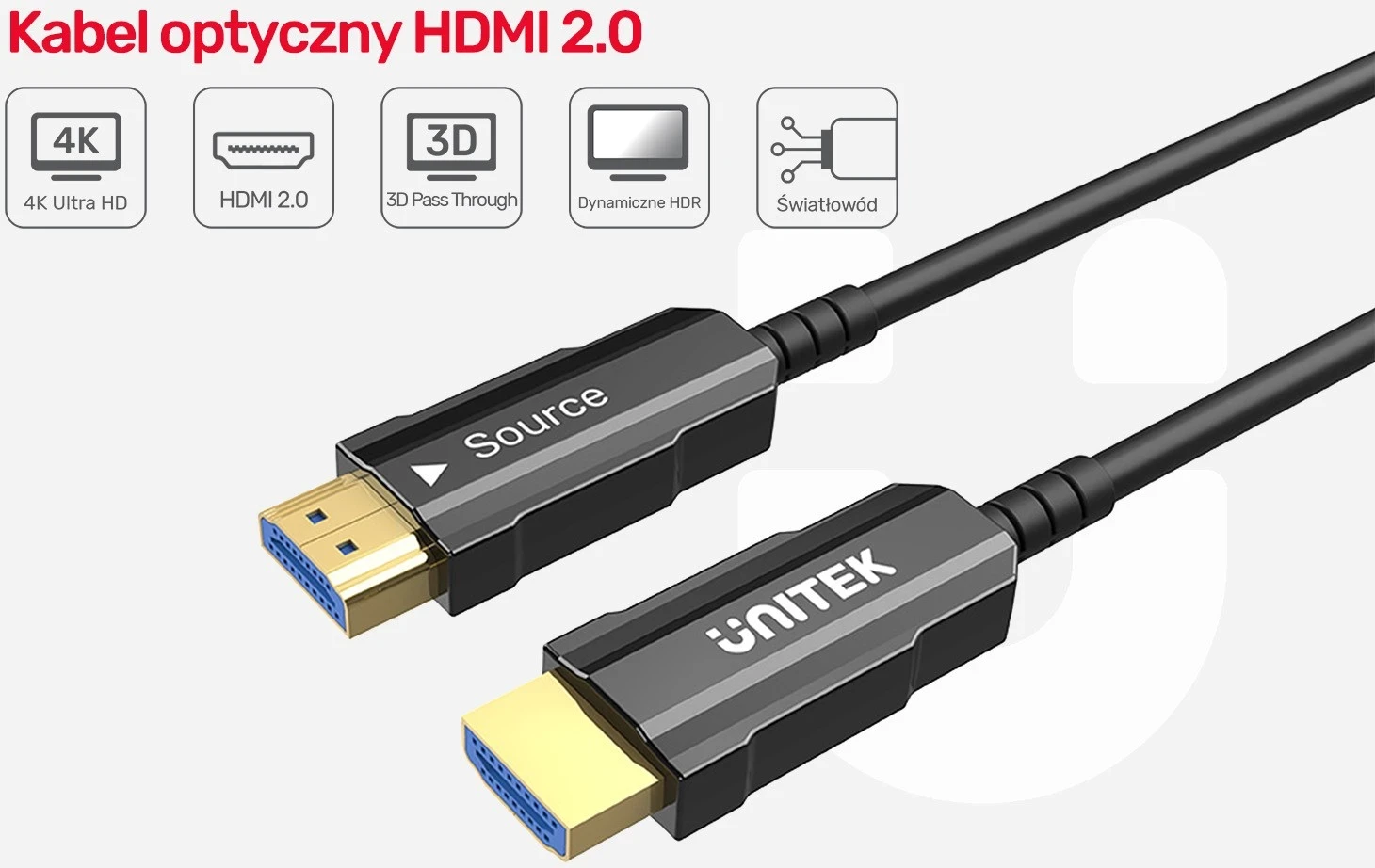 Kabëll optik HDMI Unitek 2.0 AOC 4K 60Hz 40m, i zi