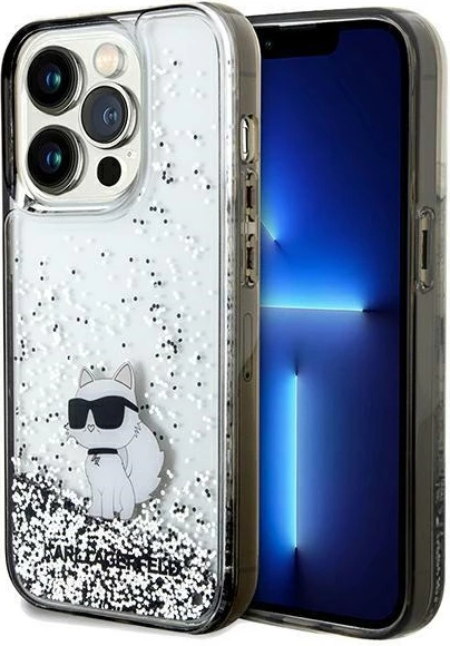 Mbështjellës Karl Lagerfeld Liquid Glitter Choupette për iPhone 14 Pro, transparent, argjendtë