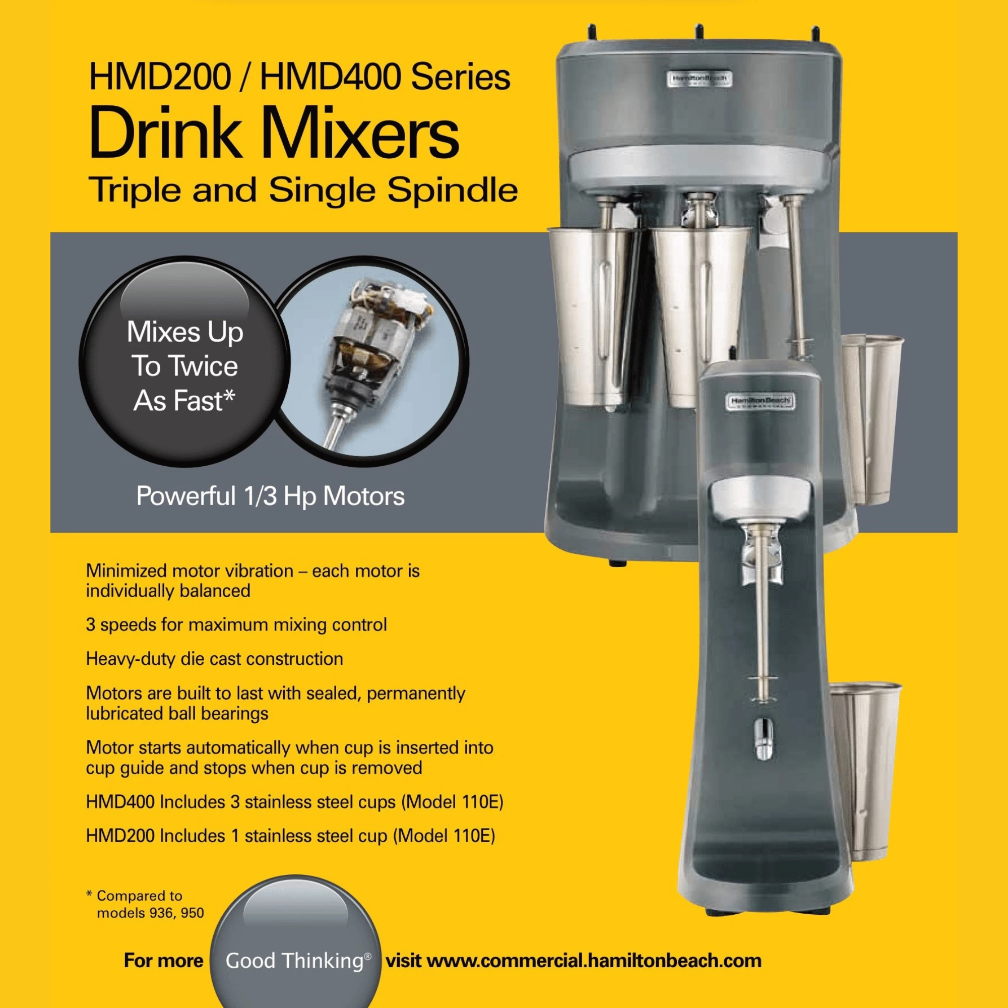 Mikser pije me një bosht, Hamilton Beach Commercial, 1/3 HP, 165×170×550 mm, gri