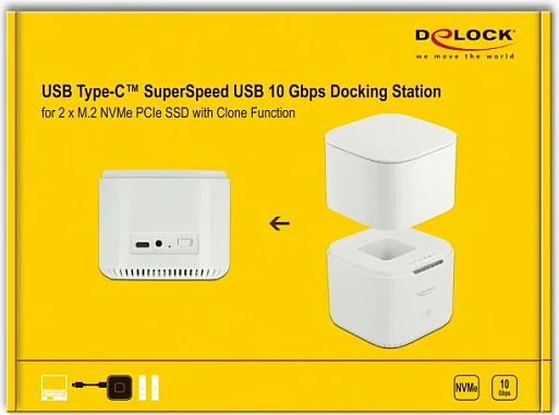 Docking station DeLOCK M.2 NVMe, 2 slote, klonim, USB-C 10 Gbit/s, e bardhë