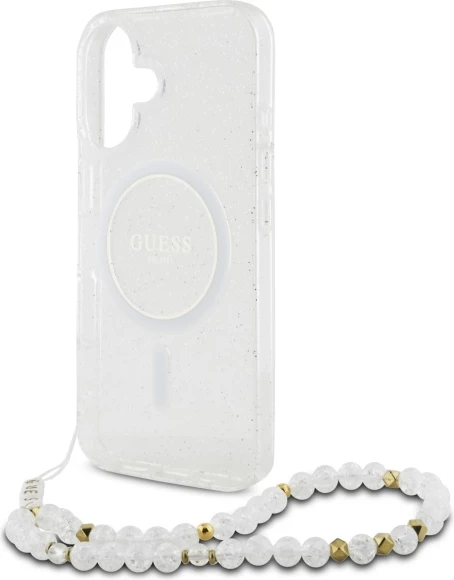 Mbështjellës Guess IML Glitter me rrip perlash MagSafe për iPhone 16 Plus, Transparent