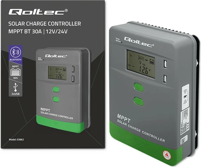 Kontrollues karikimi diellor Qoltec MPPT 53662, 30A, 12V/24V, LCD, 2xUSB, Bluetooth, Gri/Jeshil