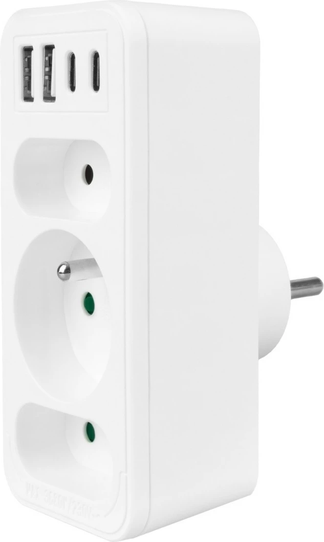 Ndarës prizash Maclean MCE248 F/W, 3 dalje (2 të sheshta + 1 me tokëzim), 2xUSB-A 18W, 2xUSB-C PD 20W, e bardhë