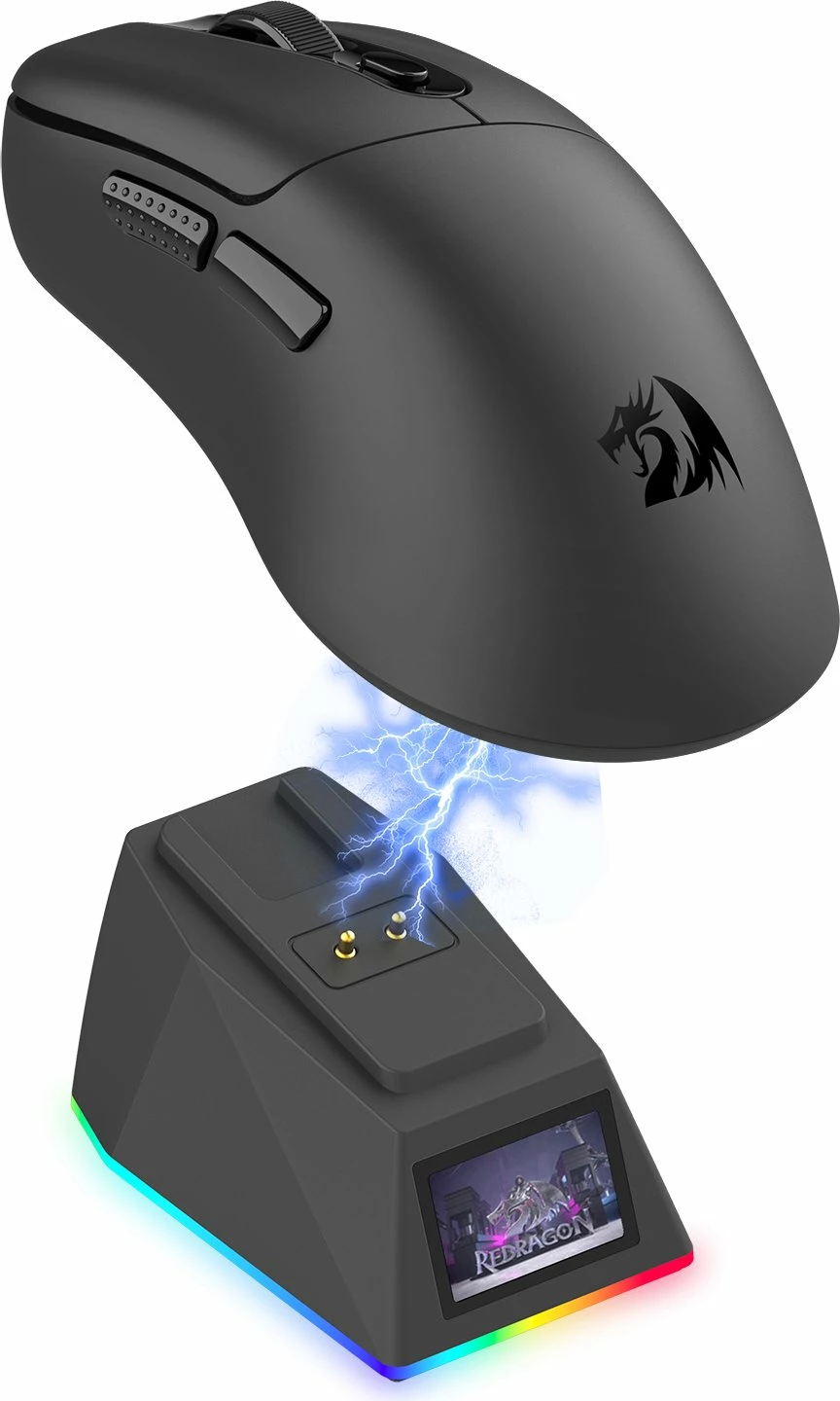 Maus Redragon Ebony Ultra M998-ULT 8K, 30000 DPI, tri-mode (USB/2.4GHz/Bluetooth), 6 butona, 61 g, me stacion karikimi magnetik RGB me LCD, i zi, set 2 copë