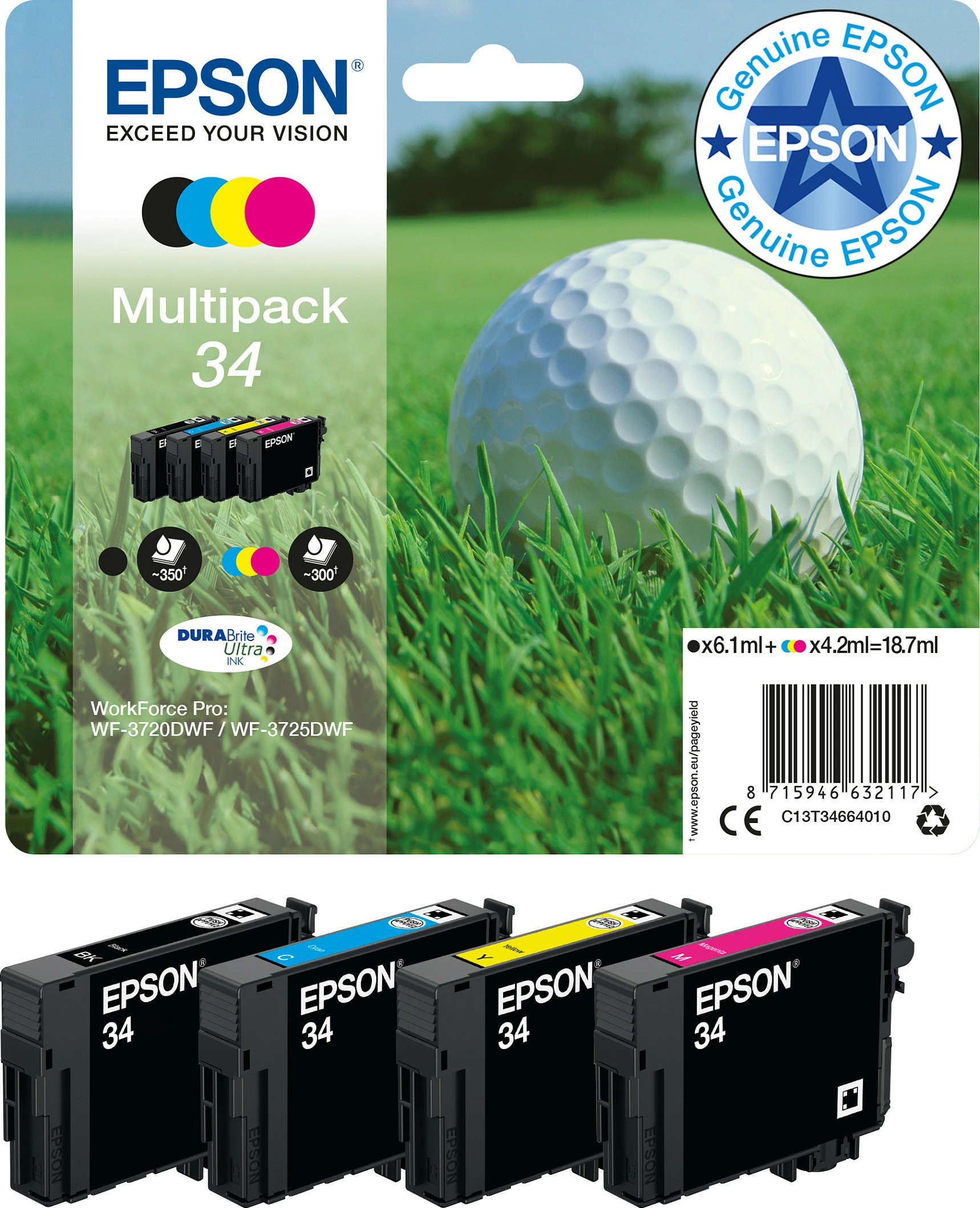Multipak bojë Epson DURABrite Ultra 34, 4 ngjyra, Standard Yield, 6.1 ml, 4.2 ml