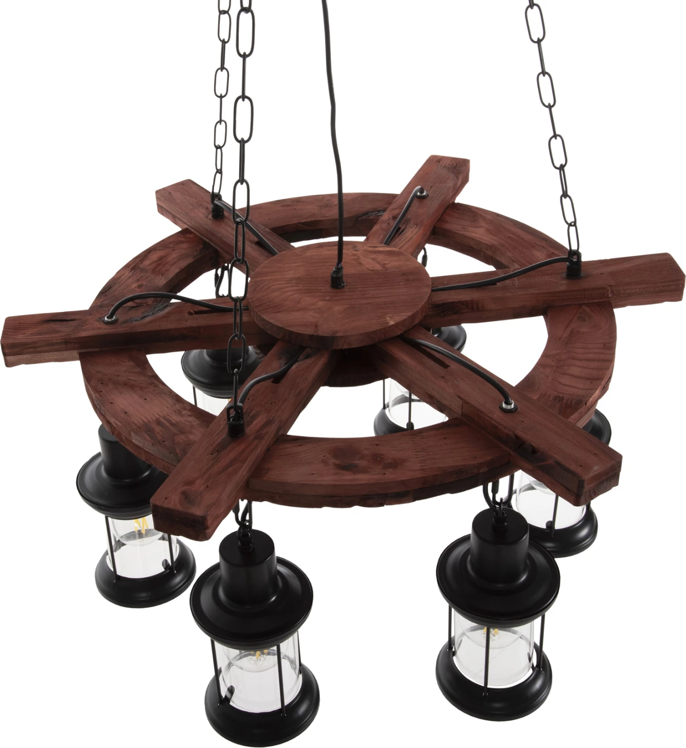 Llambë varëse tavani 6-dritash, FH4116, dru-metal-xham, 119H cm