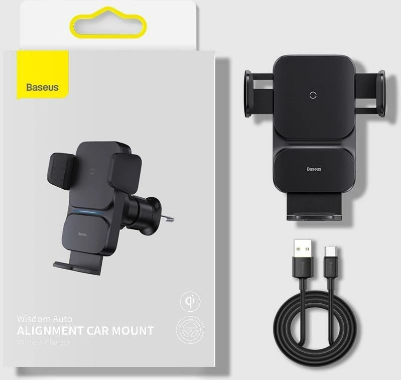 Mbajtës celulari Baseus Wisdom CGZX000001, karikim pa tel Qi 15W, për grilë ventilimi, USB-C, kabllo 1 m, i zi