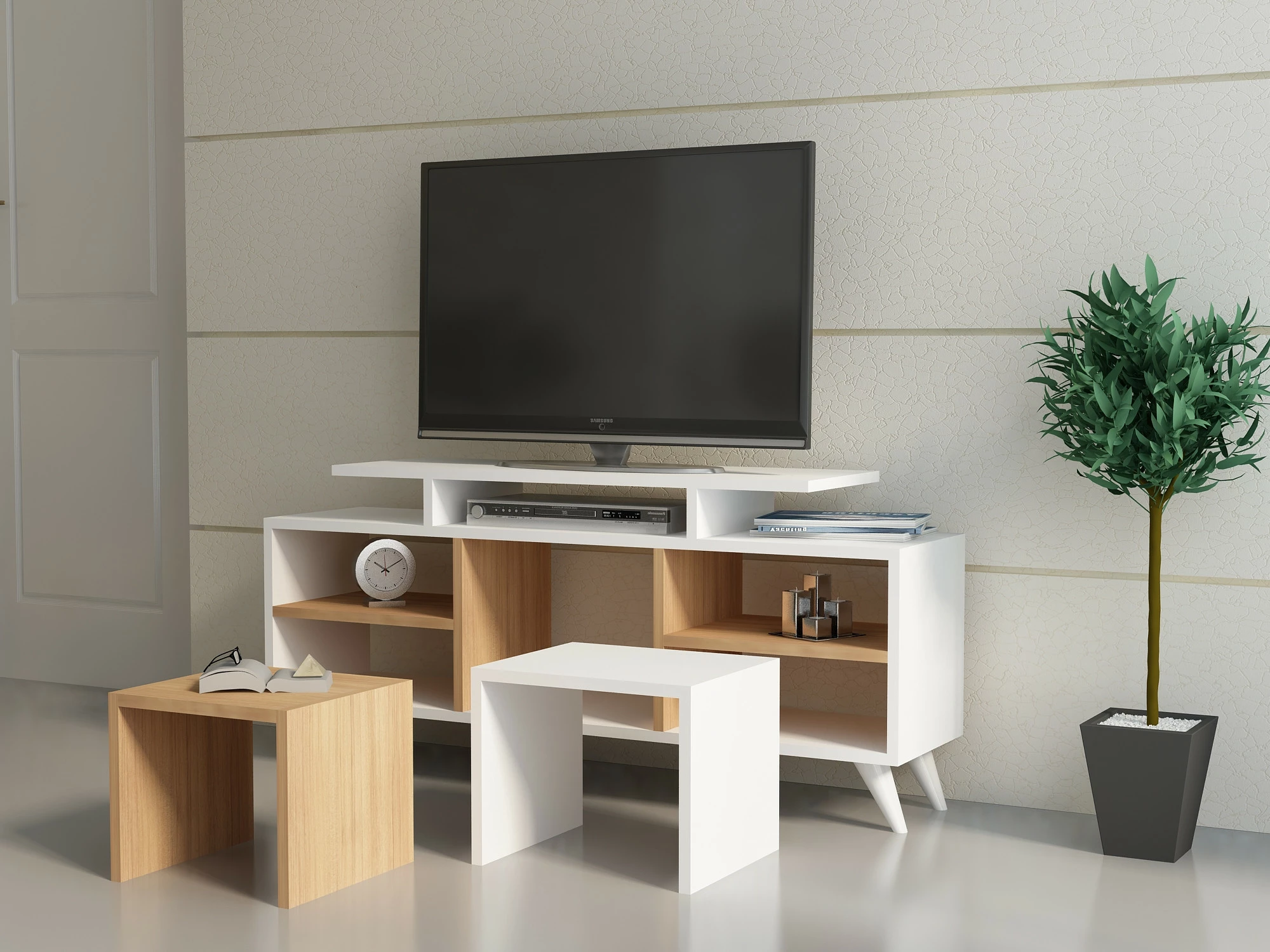 Komodë TV Hanah Home, Kutay, e bardhë, dru tik