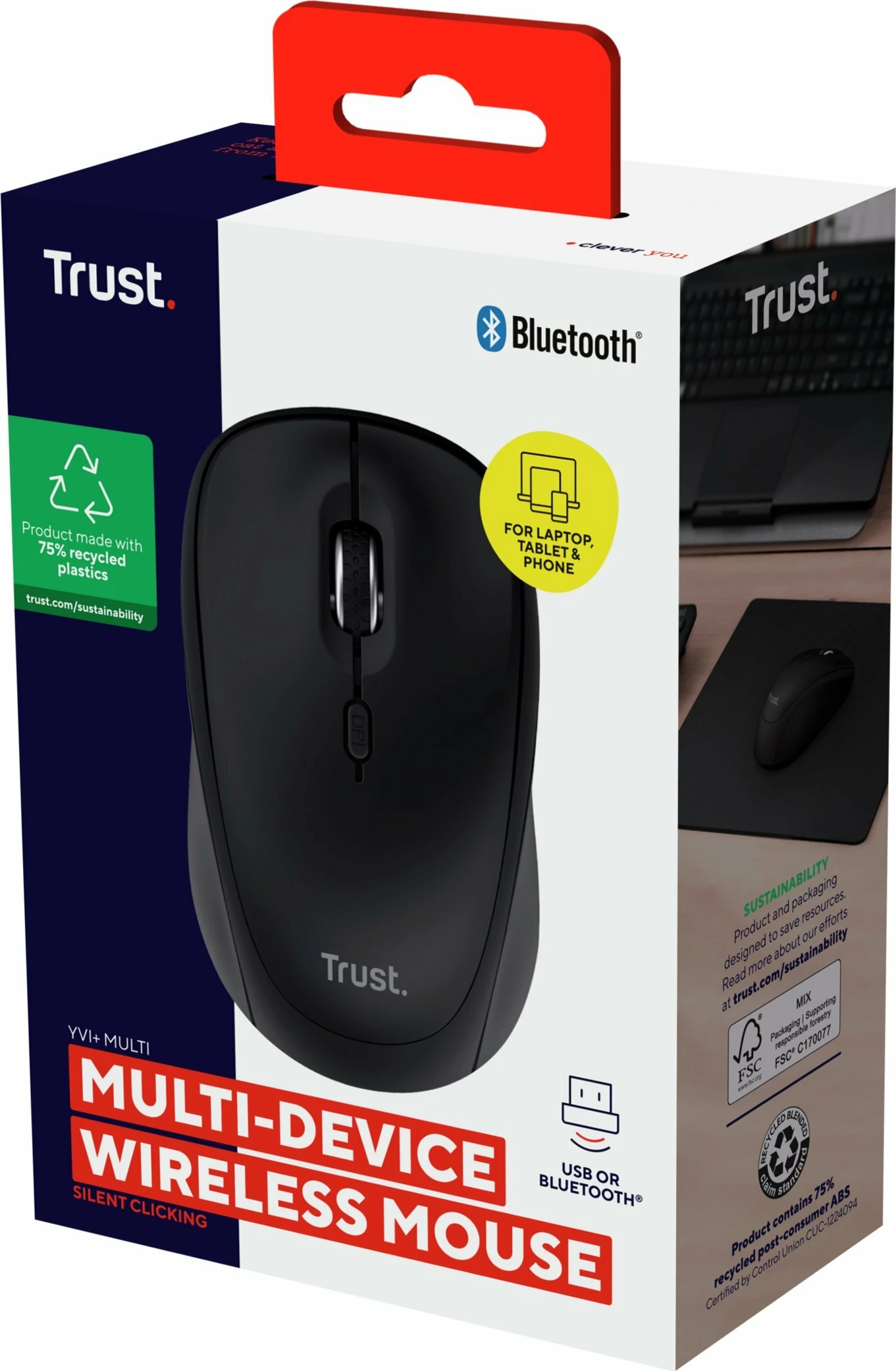 Maus Trust YVI+ Eco 25440, Bluetooth, 1600 DPI, wireless, i zi