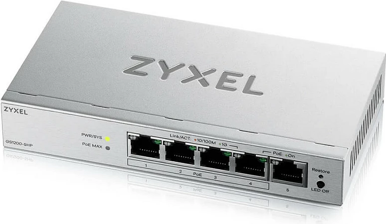 Switch Zyxel GS1200-5HPV3, 5-Port Gigabit, Managed L2, PoE+ 802.3at, Desktop, ngjyrë hiri