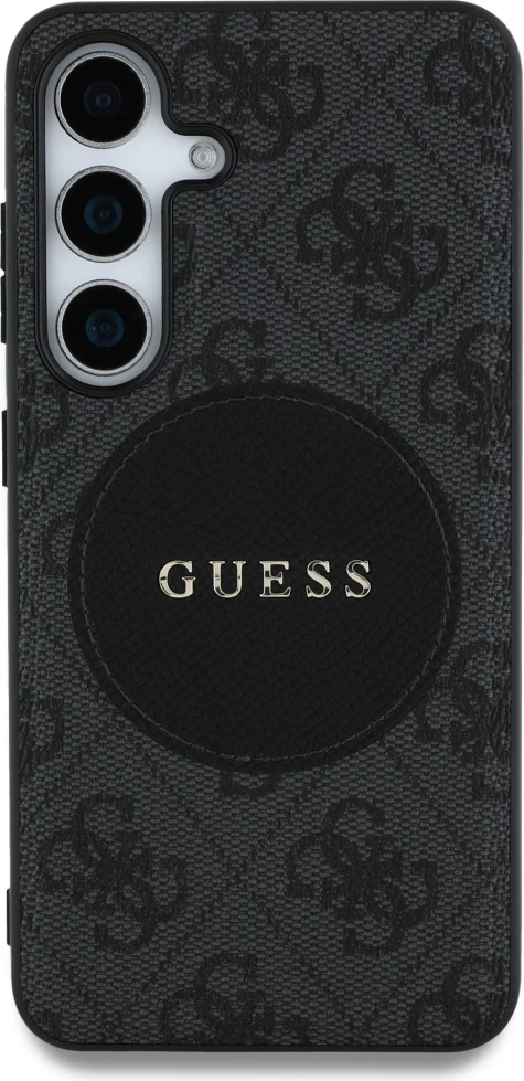 Mbështjellës Guess 4G Round Patch Classic Logo MagSafe për Samsung Galaxy S25+, eko-lëkurë/TPU/PC, Black