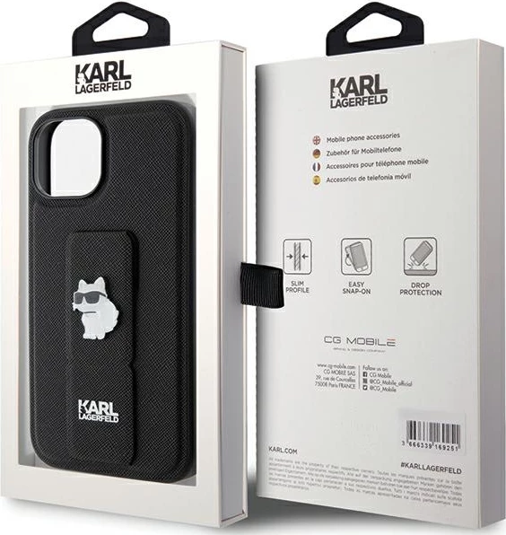 Mbështjellës Karl Lagerfeld Gripstand Saffiano Choupette Pins për iPhone 15, i zi