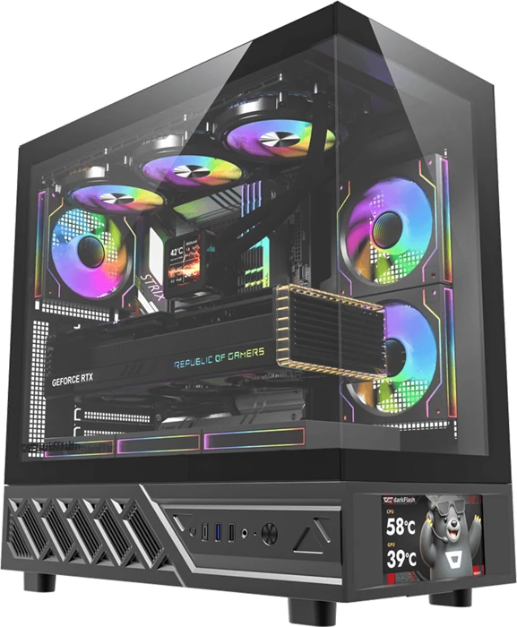 Kasë DarkFlash DS950V, midi tower, ekran IPS 6\", xham i temperum, 6 ventilatorë 120mm, e zezë, set me 6 ventilatorë