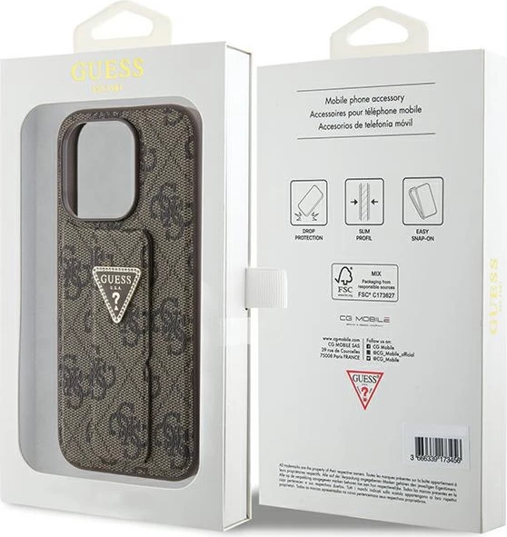 Mbështjellës Guess Grip Stand 4G Triangle Strass për iPhone 15 Pro, kafe