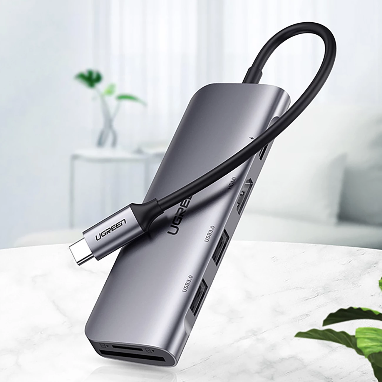 Adapter Ugreen CM195 6in1 USB-C, HDMI, 2x USB-A 3.0, USB-C PD, SD/TF reader, Gri