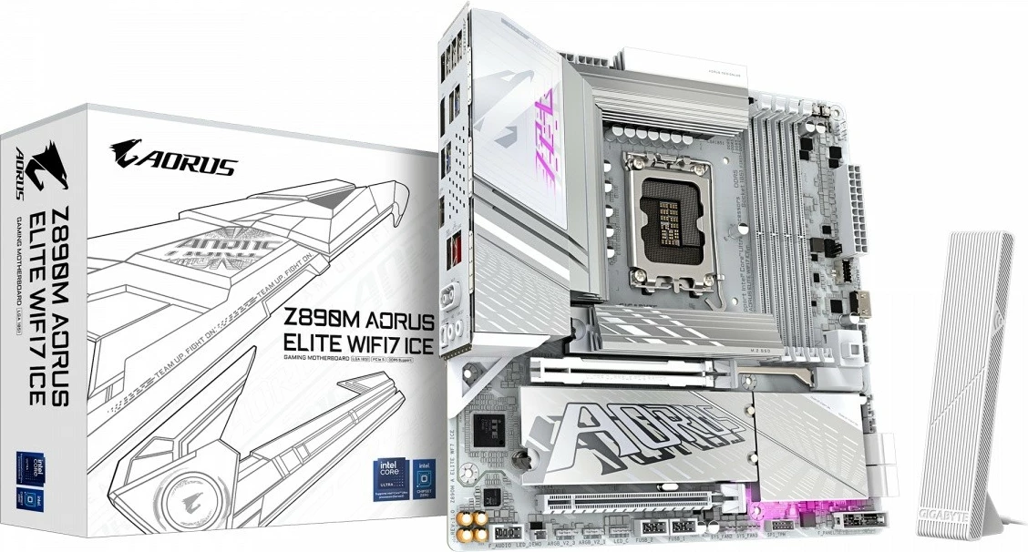Pllakë amë Gigabyte Z890M A ELITE WF7 ICE, Intel Z890, LGA1851, micro ATX, DDR5, PCIe 5.0, USB4, Wi‑Fi 7, e bardhë