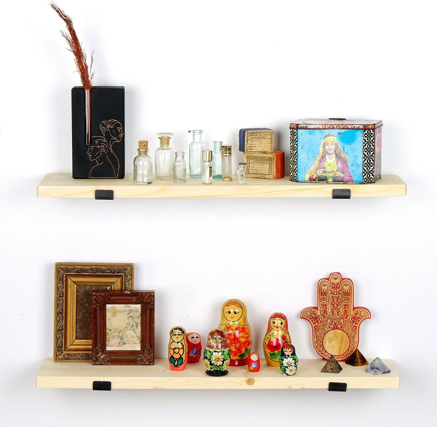 Raft muri Hanah Home, Lam008, dru pishe, ngjyrë e zezë dhe lisi, 60x16x14cm