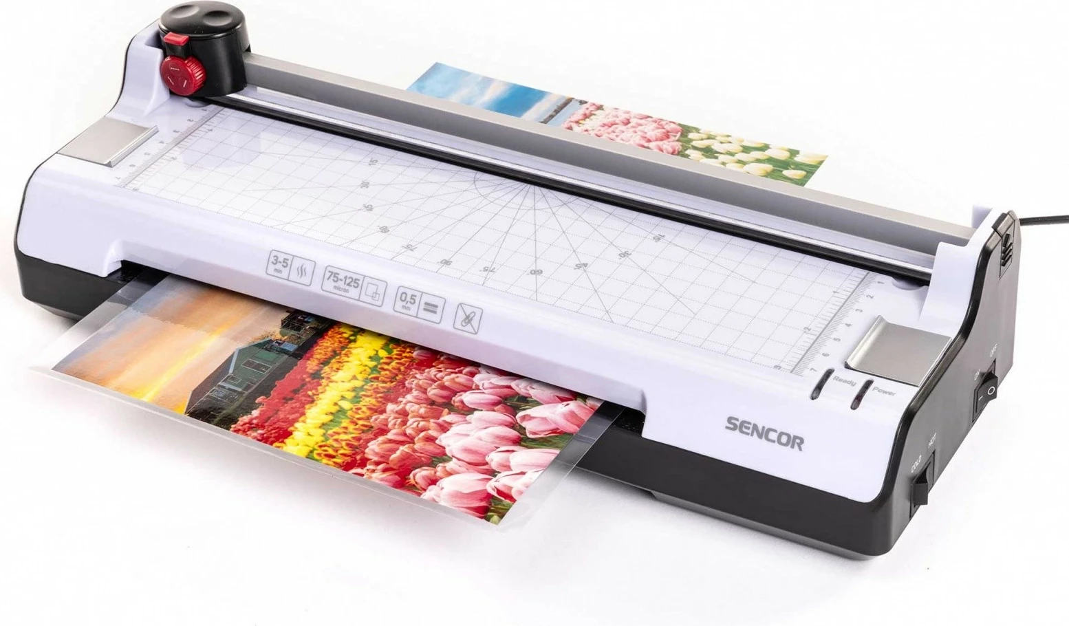 Laminator 2‑në‑1 Sencor SLA 230 A4, folje 2x75–2x125 µm, laminim i nxehtë/ftohtë, me gilotinë, grafit/bardhë