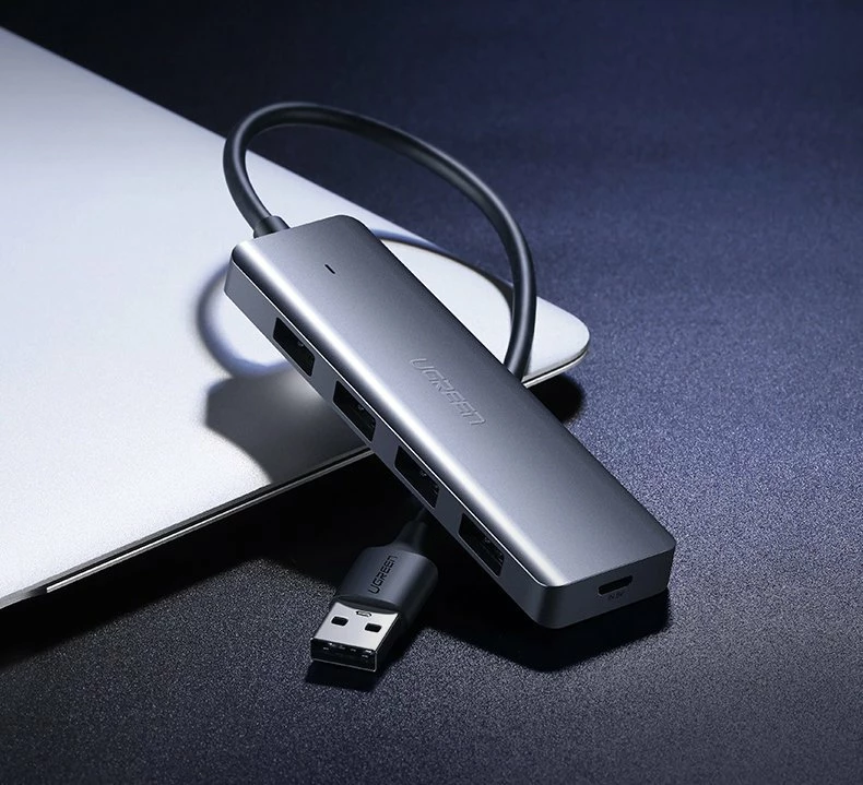 Kasë USB HUB Ugreen CM219 50985, 4x USB 3.2 Gen 1, me port micro USB për rrymë, Gri