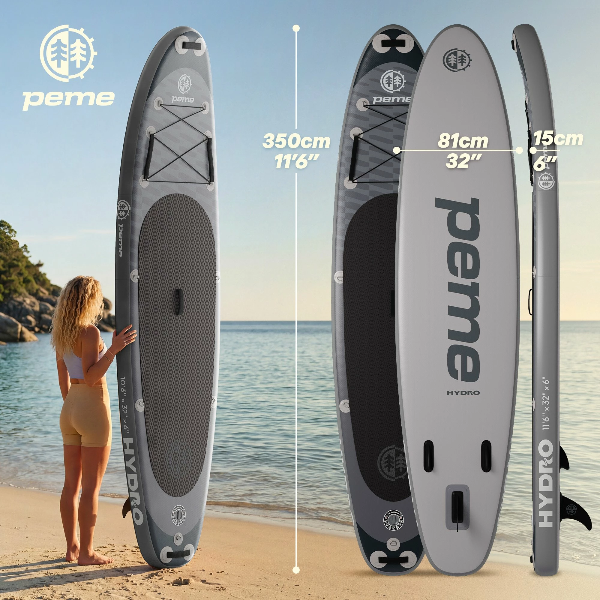 Dërrasë SUP me fryrje Peme Hydro 350x81x15 cm, kapacitet 166 kg, set aksesorësh, gri