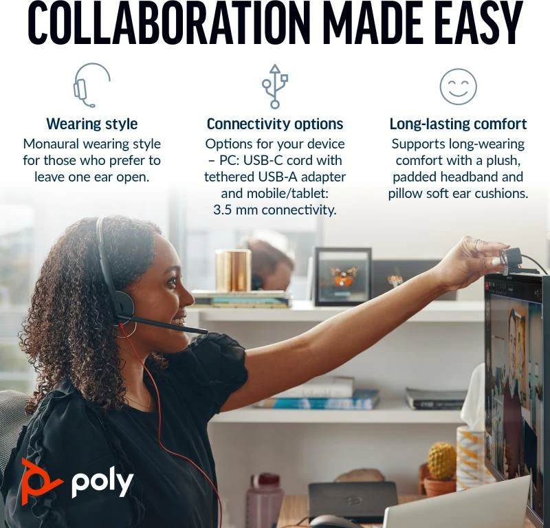 Kufje me mikrofon, HP Poly, Blackwire 5210 8X230A6, lidhje me kabëll USB-A/3.5 mm, njëanëshe, e zezë