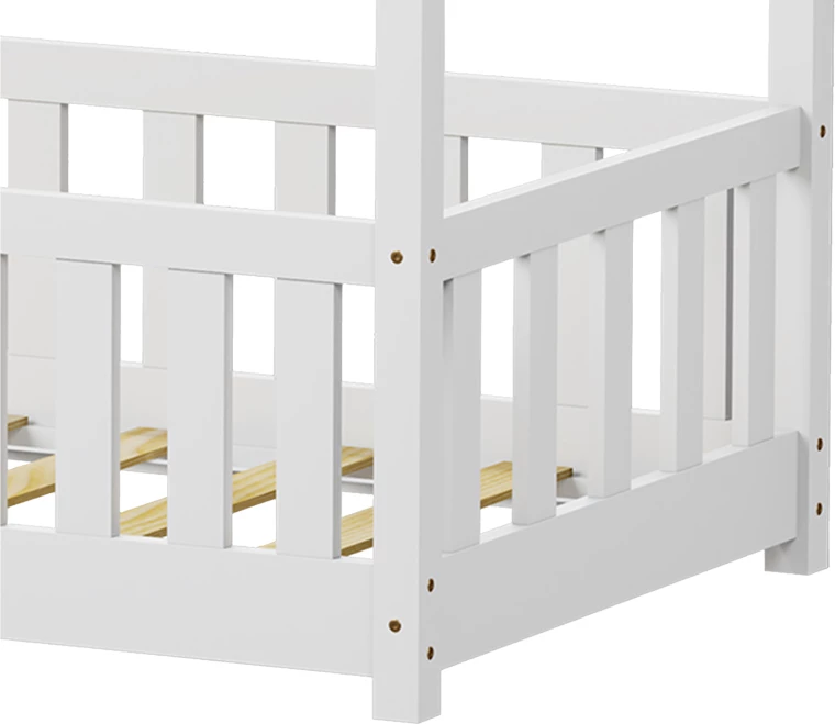 Krevat për fëmijë Montessori me parmakë, dru pishe, ngjyrë e bardhë, 70x140cm