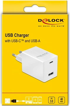 Karikues muri DeLOCK GaN 48W, USB-C PD 3.0 + USB-A, i bardhë