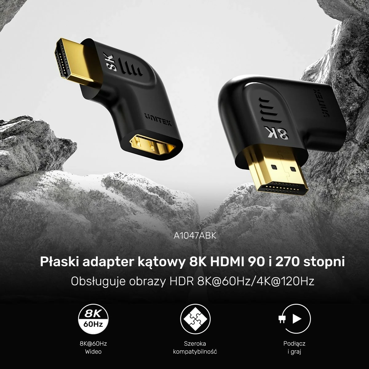 Adapter Unitek HDMI 8K, kënd 90 dhe 270 gradë, i zi