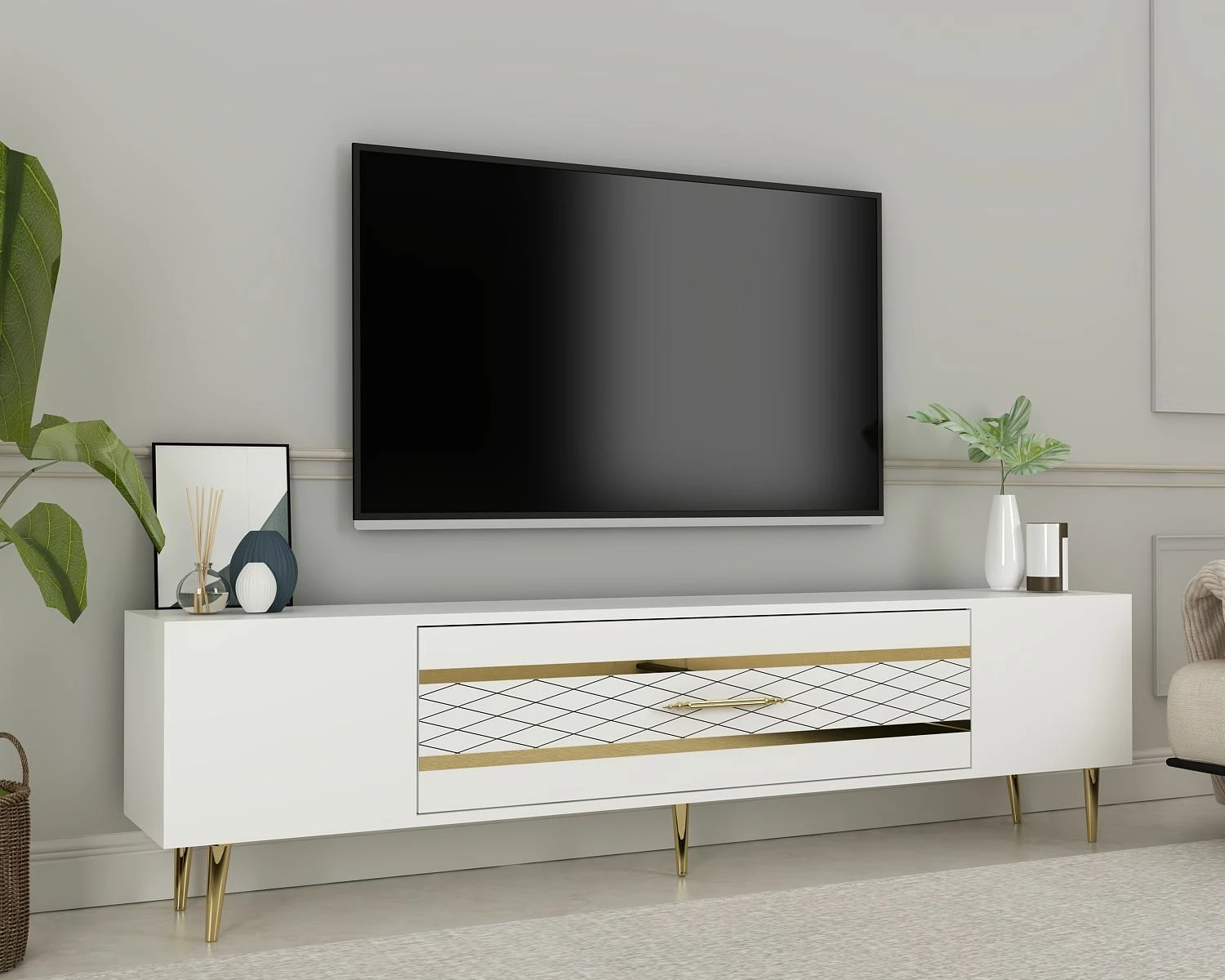 Komodë TV, ngjyrë e bardhë dhe ari, Skye Decor, Dekolp2