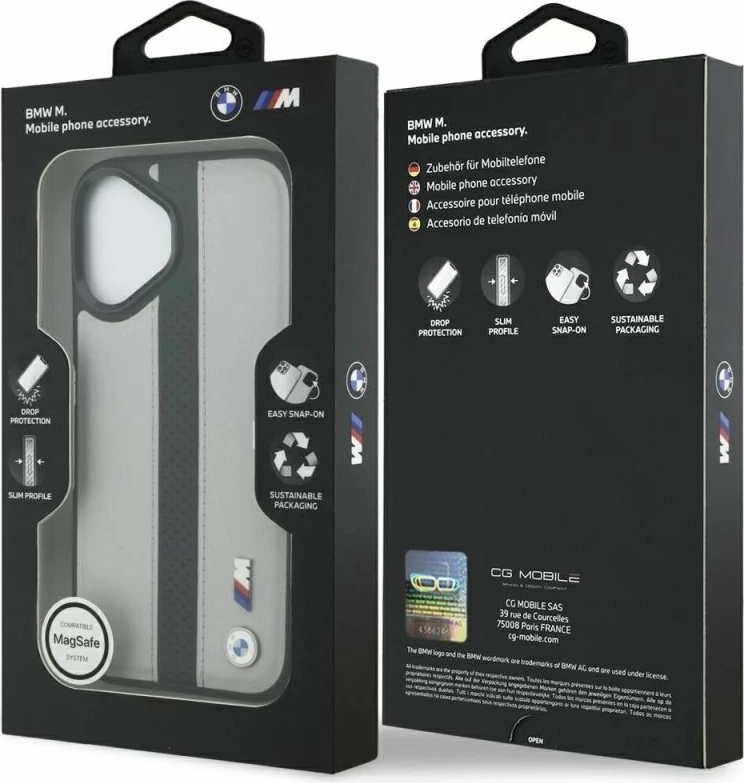 Kapak telefoni BMW M Perforated Stripe Logo MagSafe për iPhone 17, gri
