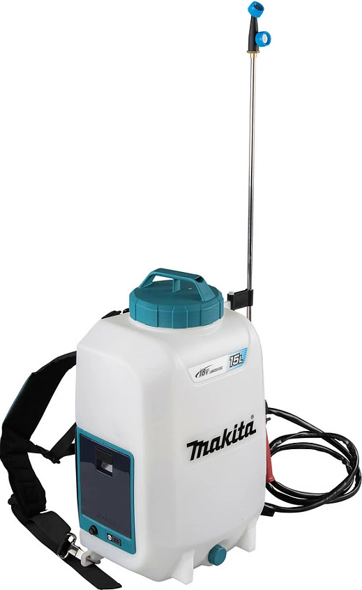 Spërkatës kopshti me bateri Makita DUS158Z, 18V, rezervuar 15L, spërkatës shpine, blu/bardhë