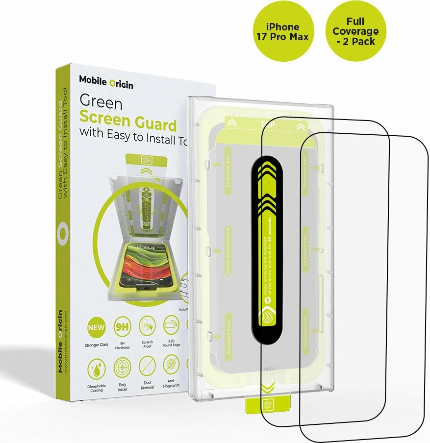 Xham mbrojtës ekrani Mobile Origin Screen Guard për iPhone 17 Pro Max, 9H, me aplikues të lehtë, mbulim i plotë, transparent, set 2 copë