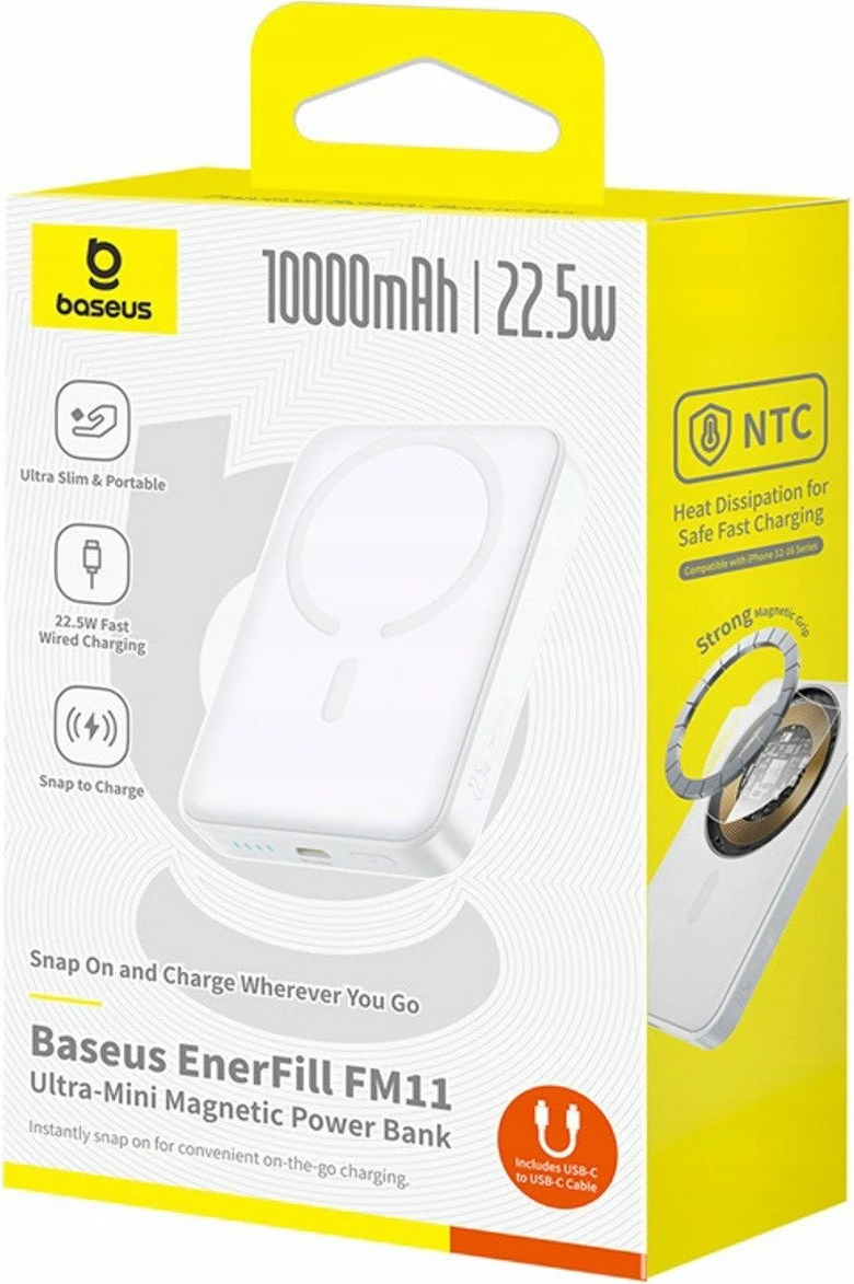 Powerbank Baseus EnerFill FM11 Ultra-Mini 10000mAh 22.5W, karikim magnetik/wireless 15W, USB-C, i bardhë
