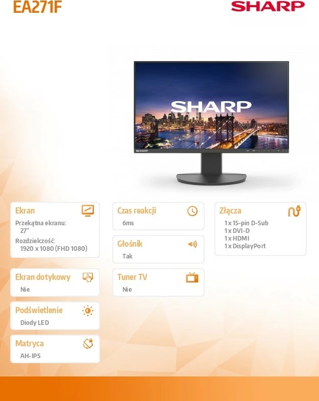 Monitor Sharp MultiSync EA271F 27" FHD IPS 75Hz me altoparlantë, i zi