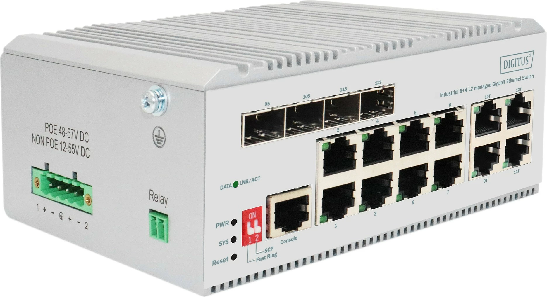 Switch industrial Digitus DN-651145, 8 porte Gigabit, 4 porte SFP, PoE, menaxhim L2, alumini