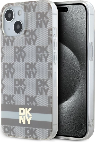 Mbështjellës DKNY IML Checkered Mono Pattern & Printed Stripes MagSafe për iPhone 15/14/13, Bezhe