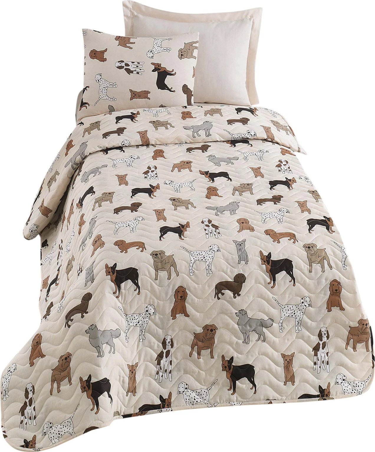 Set mbulesë krevati e qepur për një person, dizajn me qen, ngjyrë krem, L'essentiel, Havhav