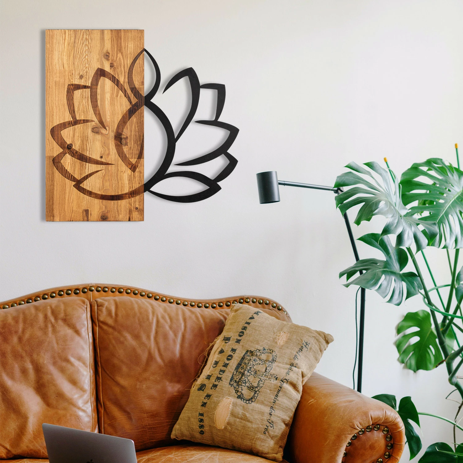 Aksesor dekorativ për mur, dru dhe metal, lotus, Wallity, ngjyrë e zezë dhe arre, 58x58cm